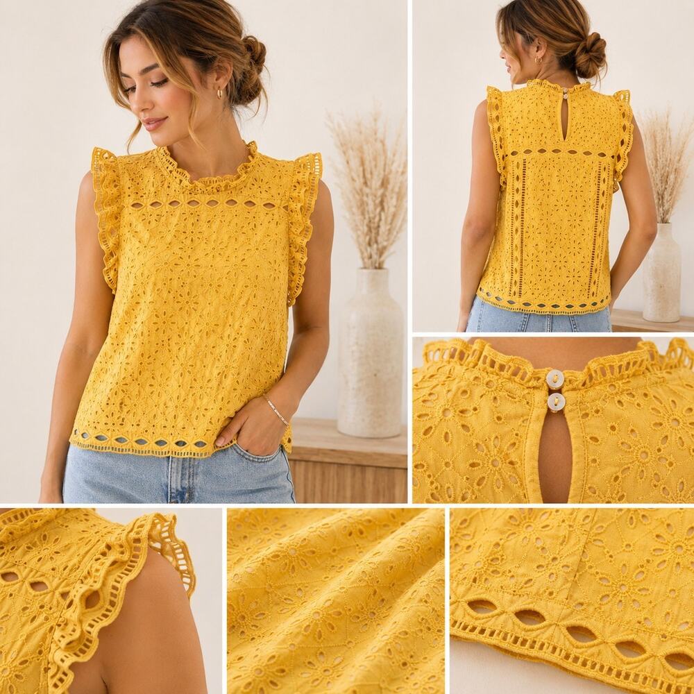 Anthropologie Maeve Size 6 Yellow Eyelet Ruffle Cottagecore Boho Tank Top